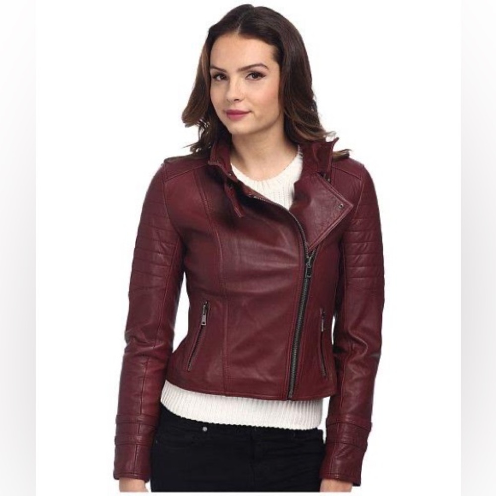 Nicole Miller Burgundy Moto Jacket Sz M 100% Leather